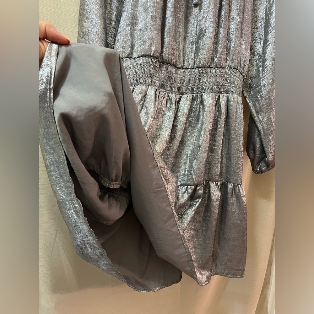 GAP Shiny Silver Long Sleeve Tie-Neck Dress size large Party Holiday Merallic - Picture 5 of 9